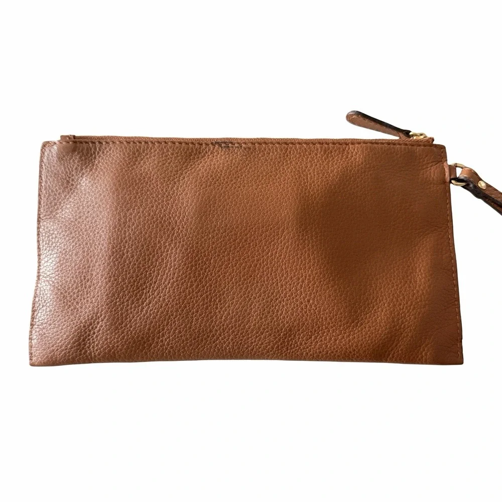 Michael Kors Brown Pebbled Leather Wristlet Zip Clutch Gold Tone Logo